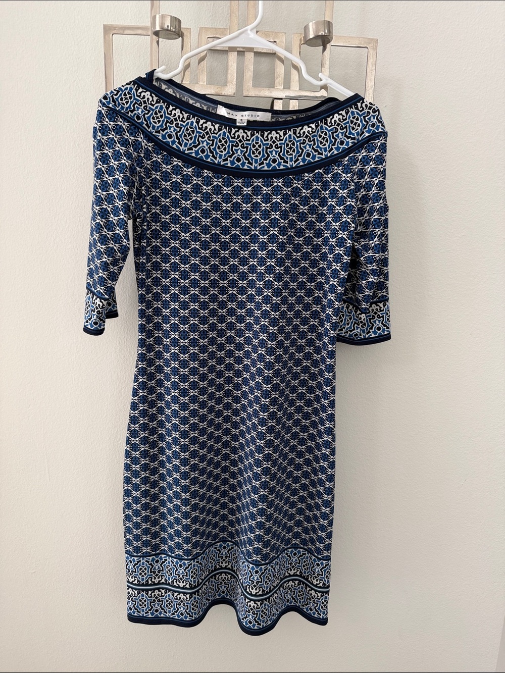Max Studio Navy and Light Blue Patterned Knit Midi Dress